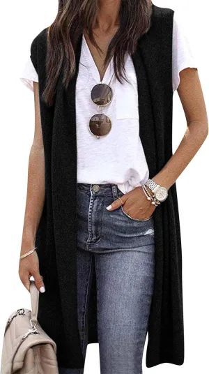 YMING Womens Lightweight Long Vests Sleeveless Open Front Cardigan Draped Layering Vest with Pockets