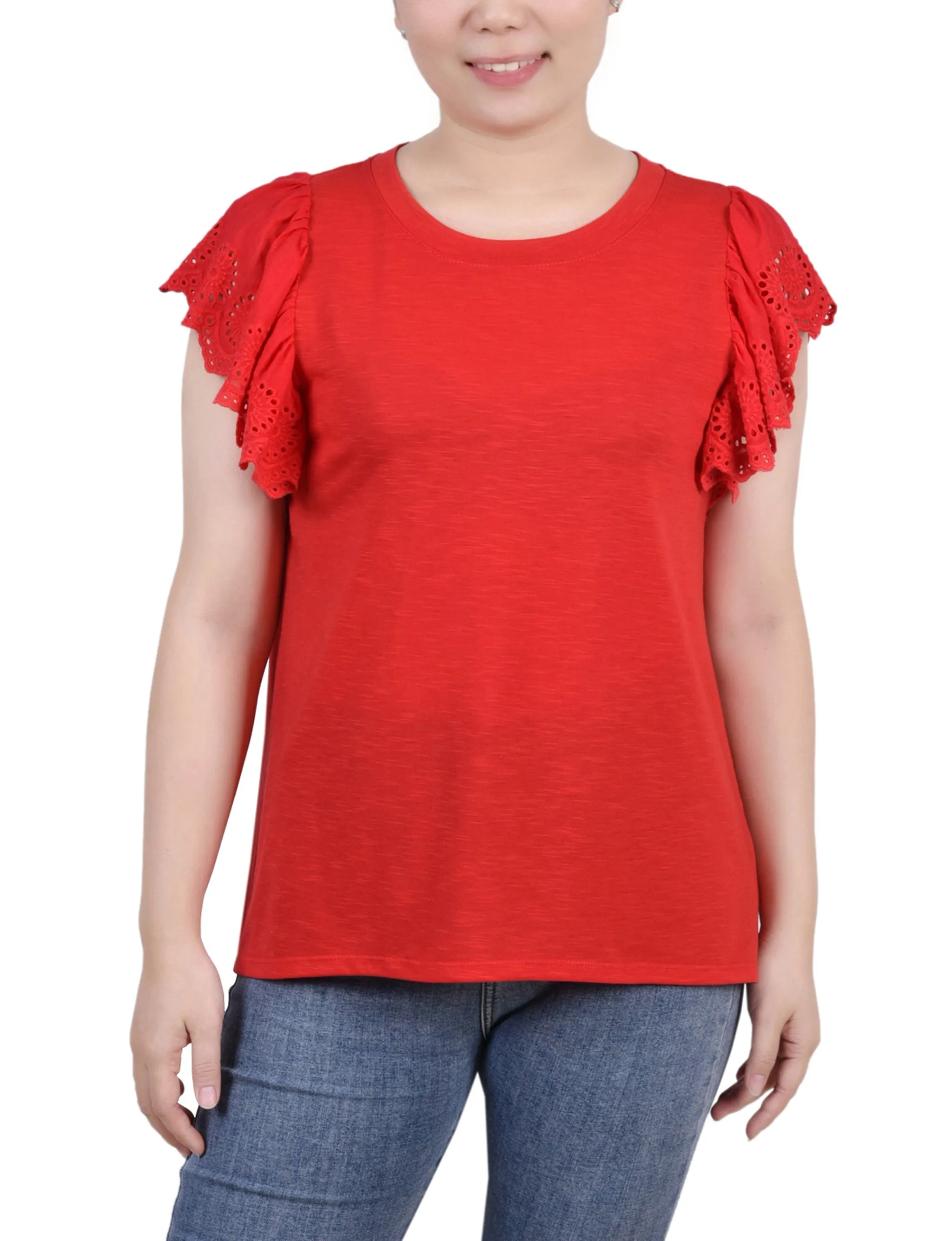 Multi Directional Mobility Flexible Knit Flutter Sleeve Slub Knit Top