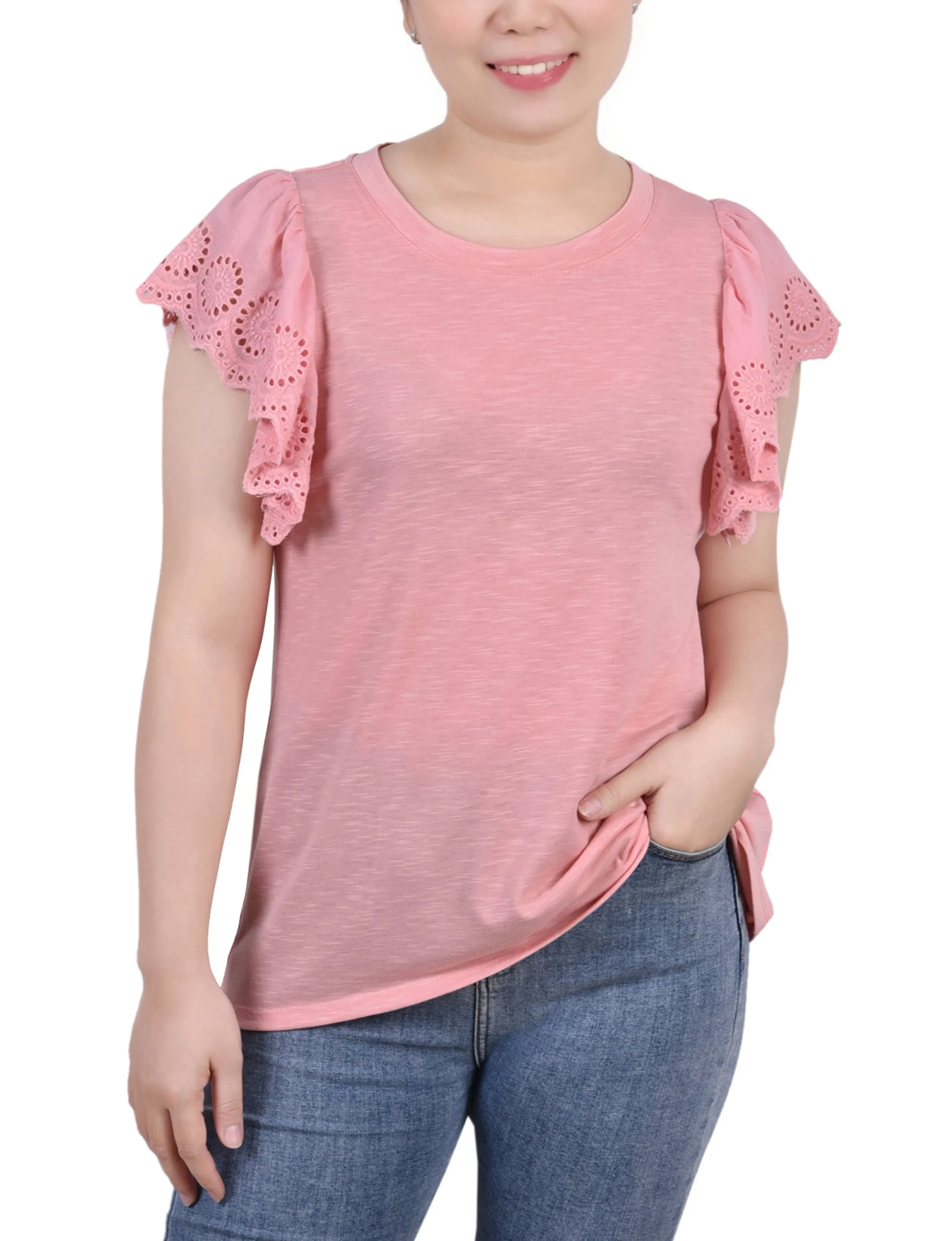 TumbleDryFriendlyMaterial Stretchable Waistband Flutter Sleeve Slub Knit Top