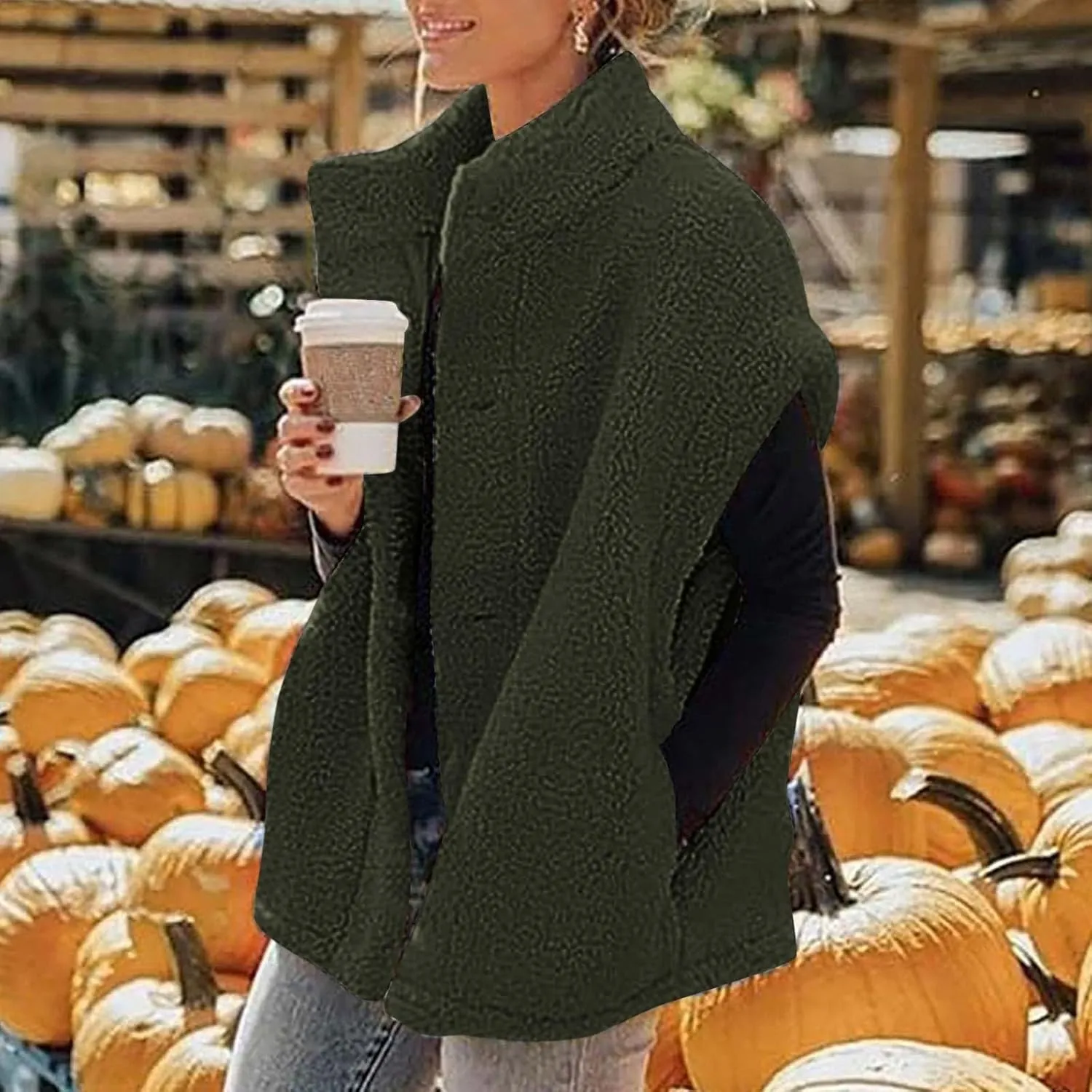 YRAETENM Women's Fuzzy Fleece Vest Casual Oversized Warm Button down Gilet Soft Sleeveless Stand Collar Jackets with Pockets