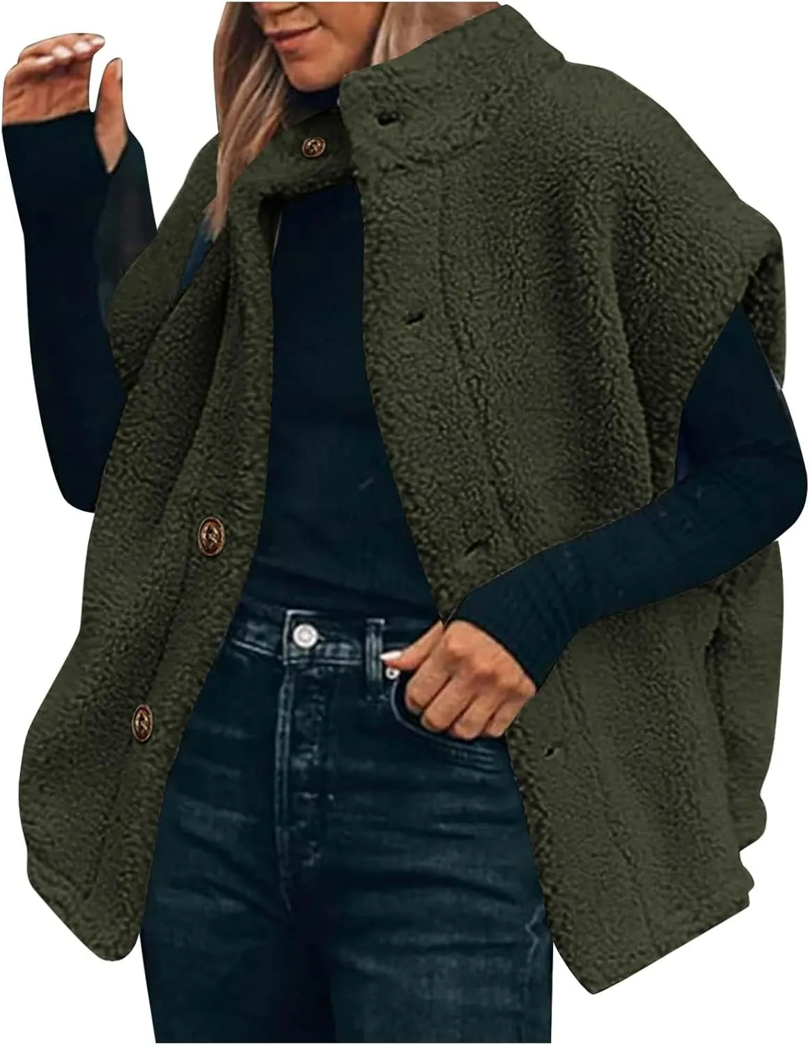 YRAETENM Women's Fuzzy Fleece Vest Casual Oversized Warm Button down Gilet Soft Sleeveless Stand Collar Jackets with Pockets