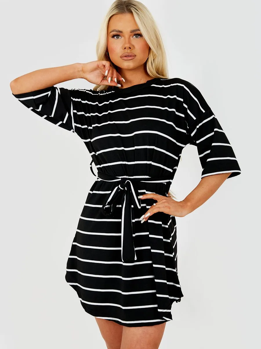 Zahara Striped Belted T-Shirt Dress In Black