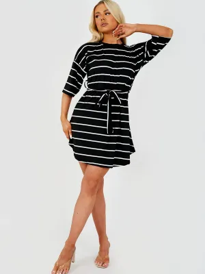 Zahara Striped Belted T-Shirt Dress In Black