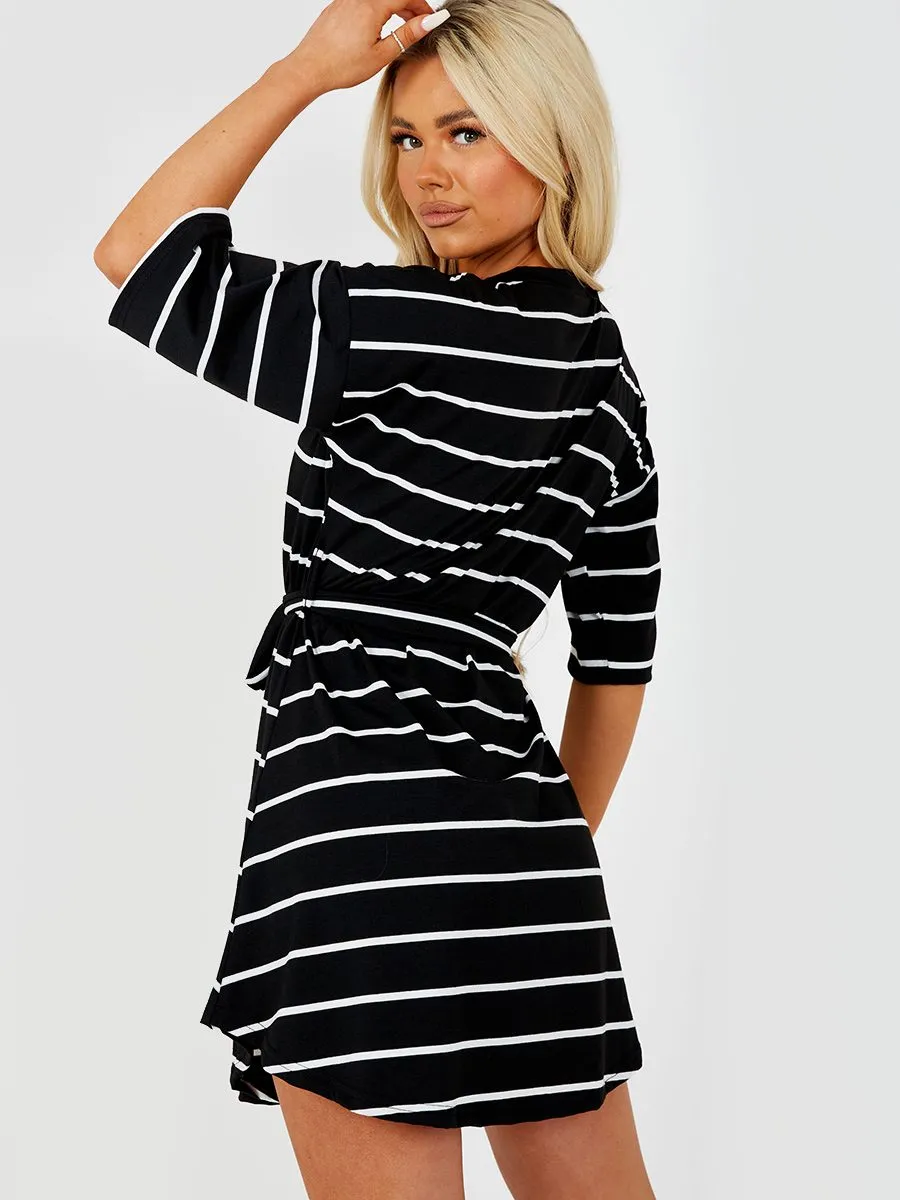 Zahara Striped Belted T-Shirt Dress In Black