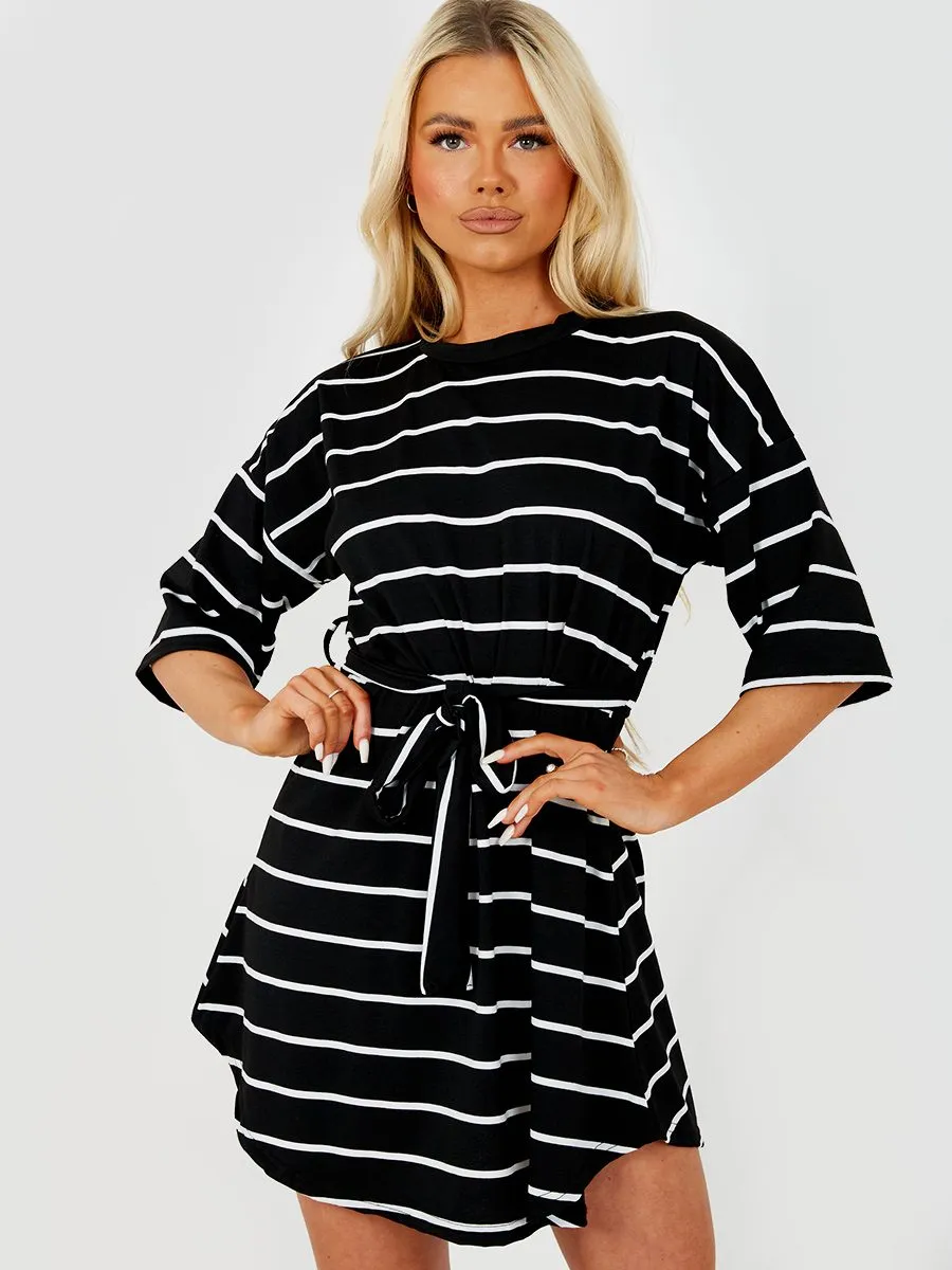 Zahara Striped Belted T-Shirt Dress In Black