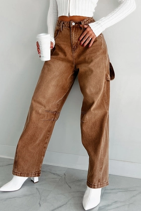 Brushed Inner Layer ButtonFront Zander Utility Baggy Jeans (Brown)