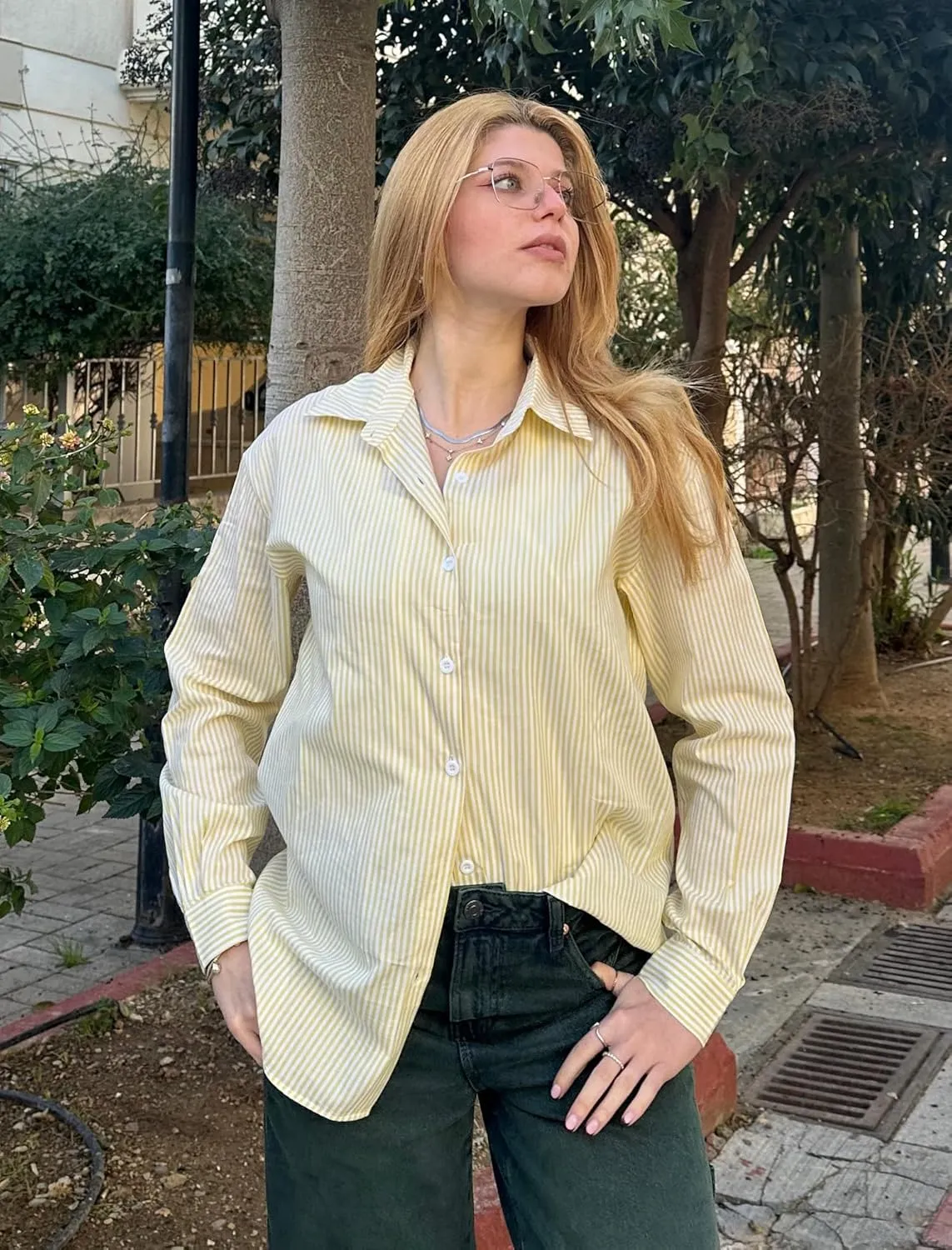 Zeagoo Striped Button Down Shirts for Women Casual Loose Long Sleeve Shirts Business Work Tunic Top
