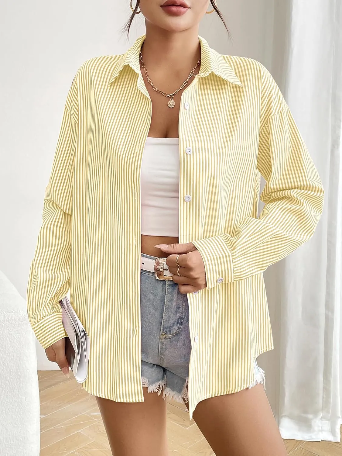 Zeagoo Striped Button Down Shirts for Women Casual Loose Long Sleeve Shirts Business Work Tunic Top