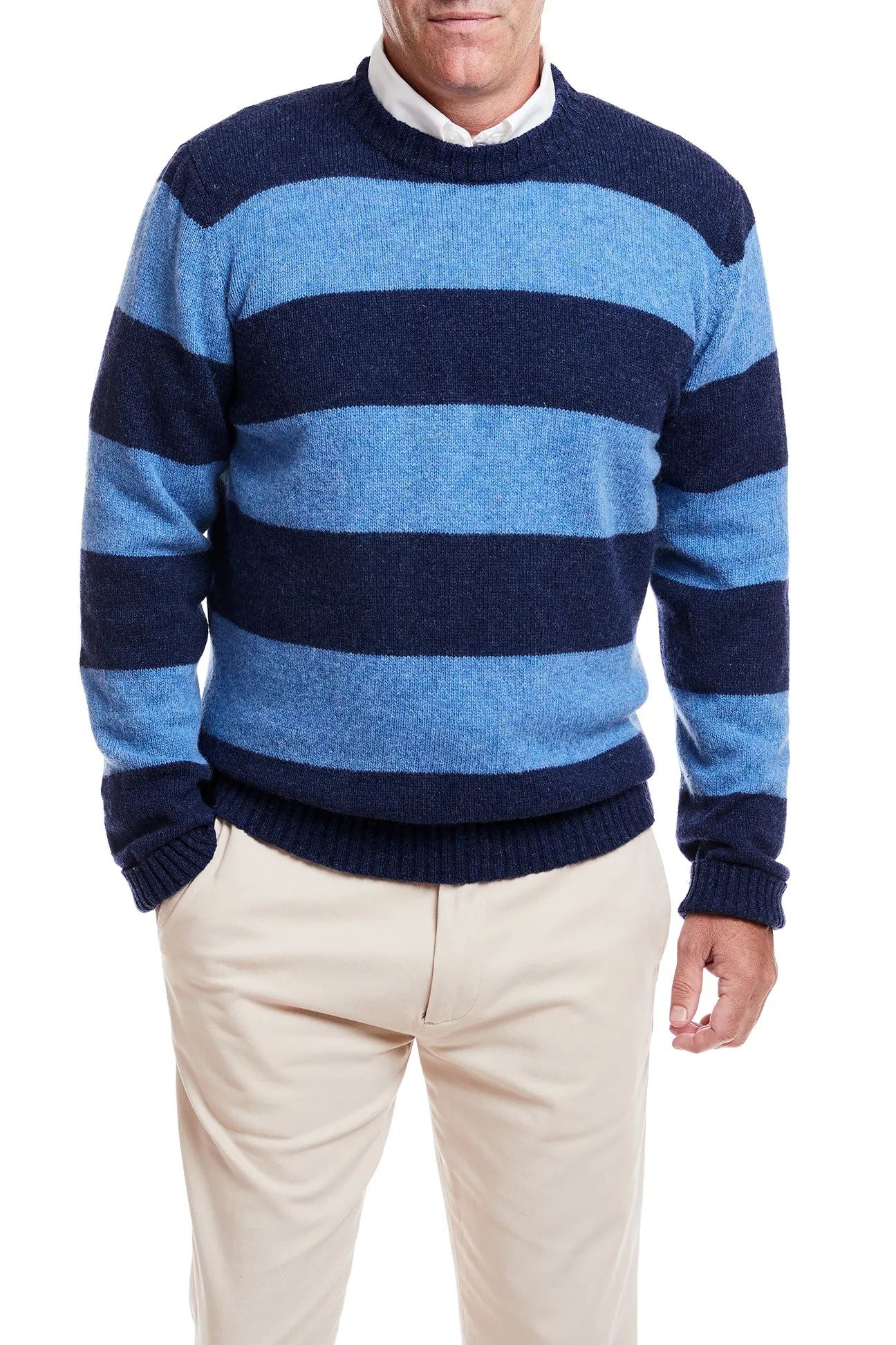 Abrasion Resistant Fabric Shetland Crewneck Sweater Navy & Denim Rep Stripe