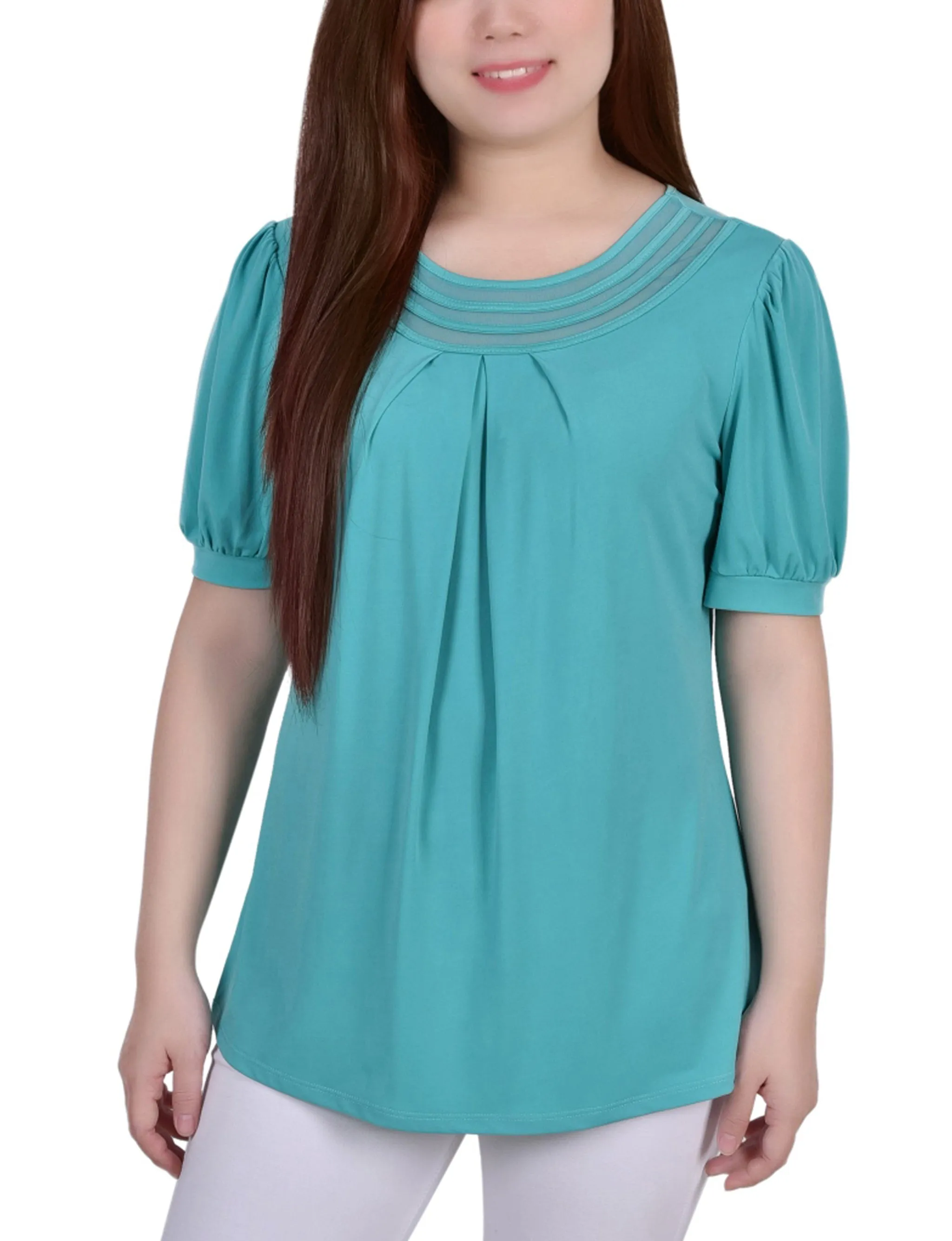 Short Puff Sleeve Sheer Inset Top Minimalist Aesthetic