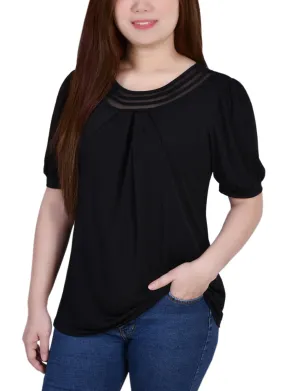Short Puff Sleeve Sheer Inset Top Stretch Knit Material MultiPocket Design