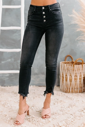SnagFreeKnit Tagless Design Cambria Mid-Rise Button-Fly Raw Hem Skinny Risen Jeans (Black)