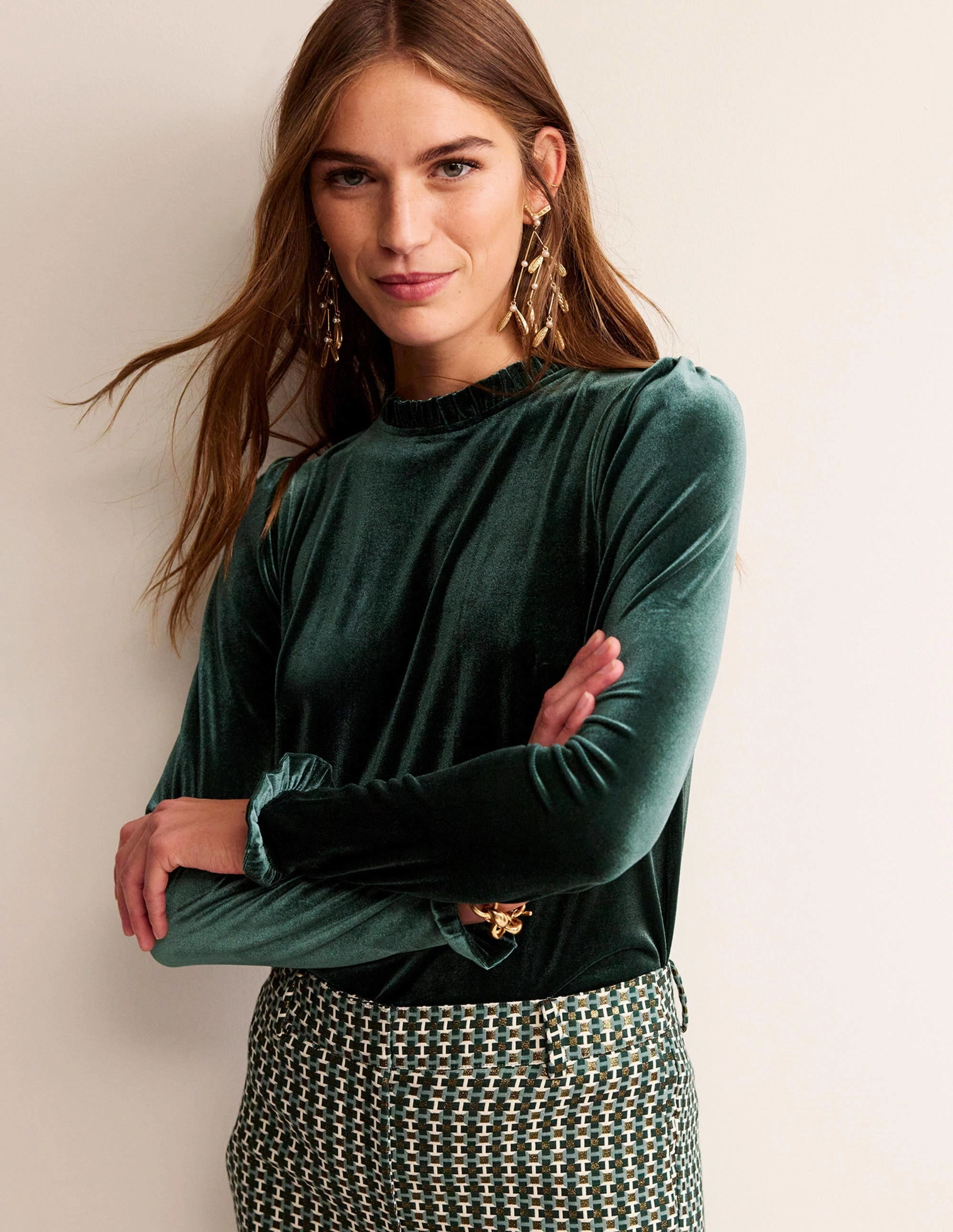 WaterResistantCoating LayeredPanel Velvet Frill-Trim Top-Chatsworth Green