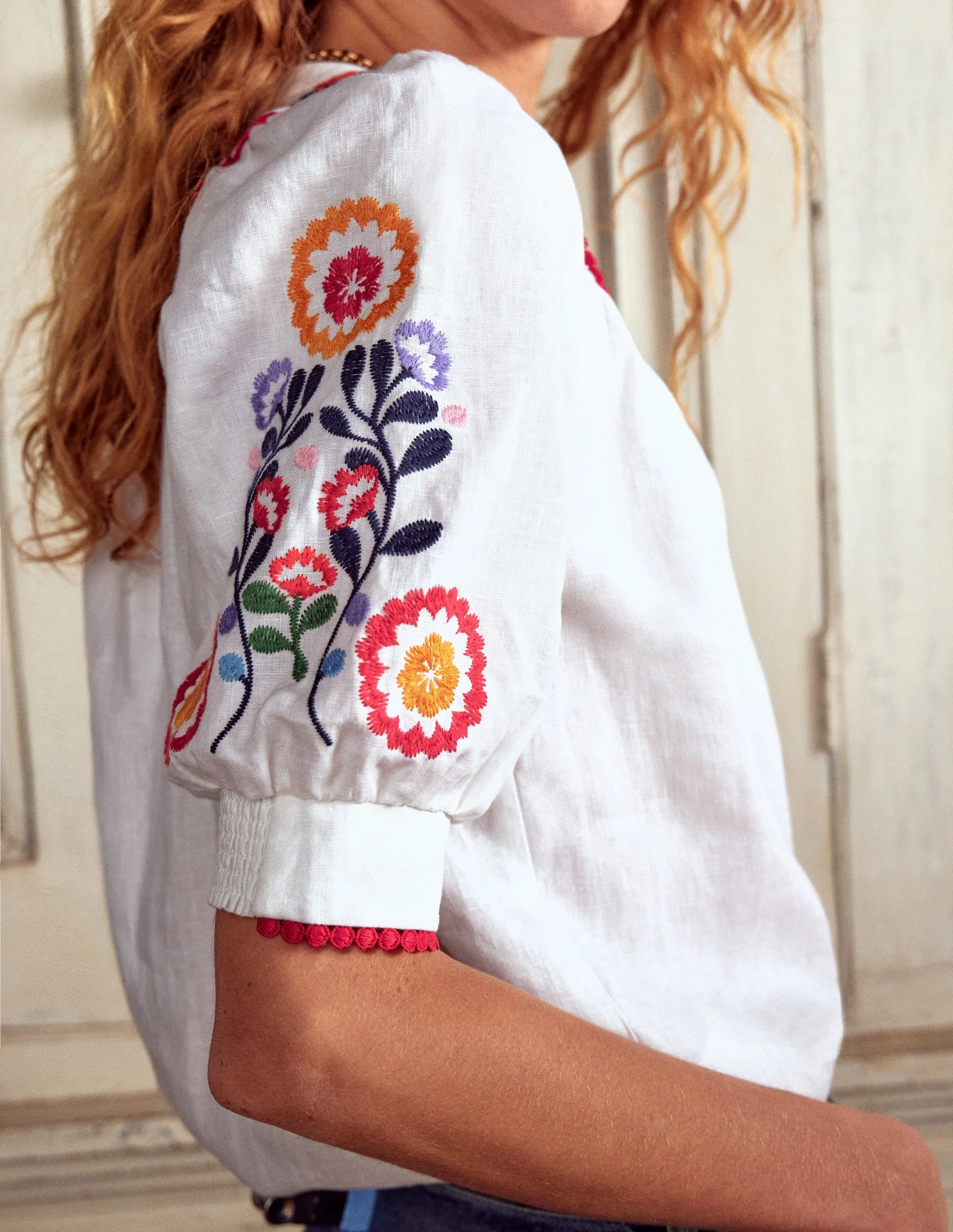 Bea Linen Top-White, Embroidery Snag Free Fabric WrinkleResistantWeave