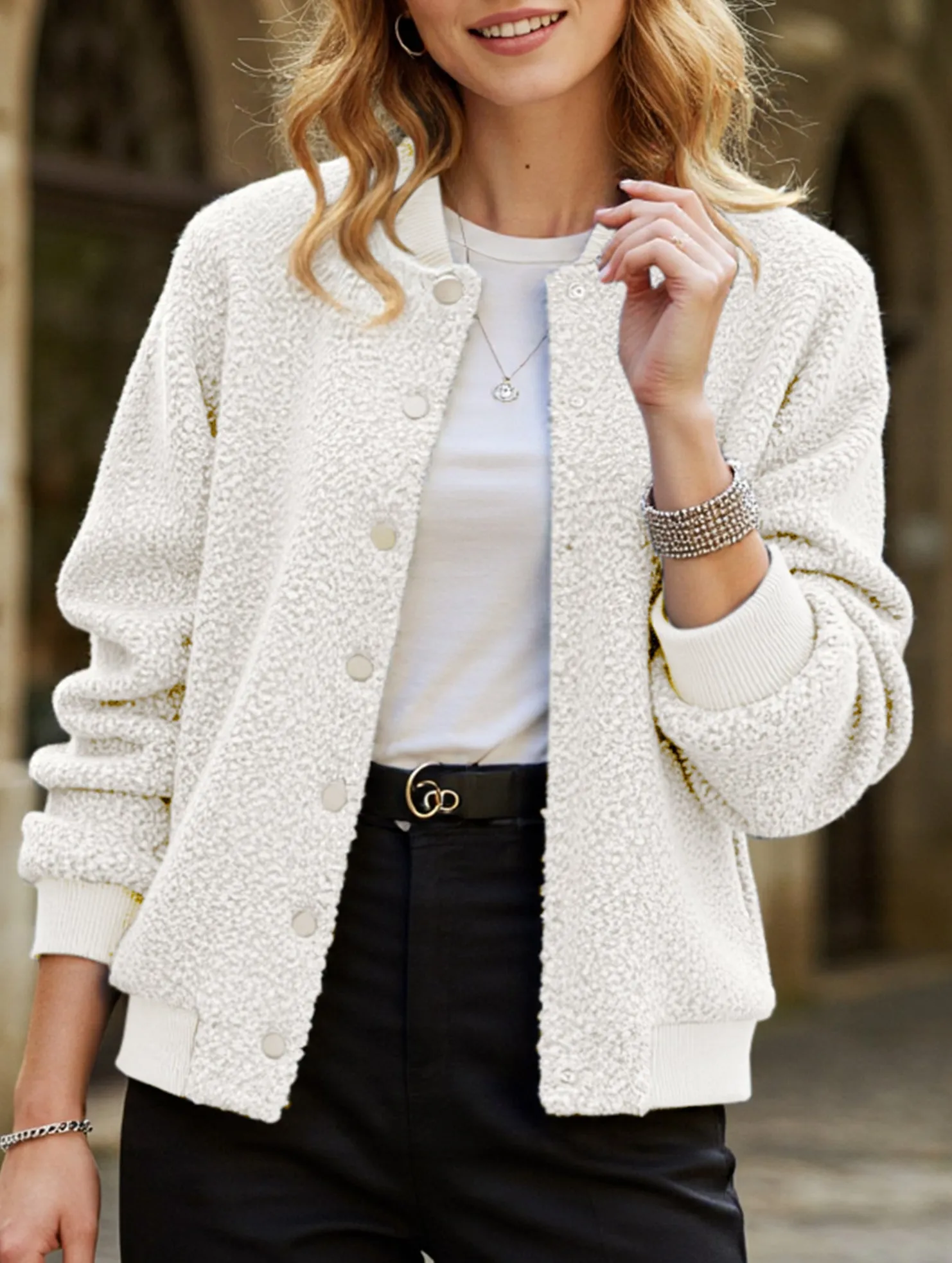 Hypoallergenic Lining Casual Cropped Button Long Sleeve Jacket