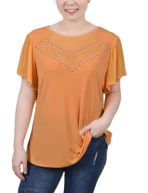 Studded Short Flutter Sleeve Top With Mesh Details Midweight Four Way Stretch HighStretch