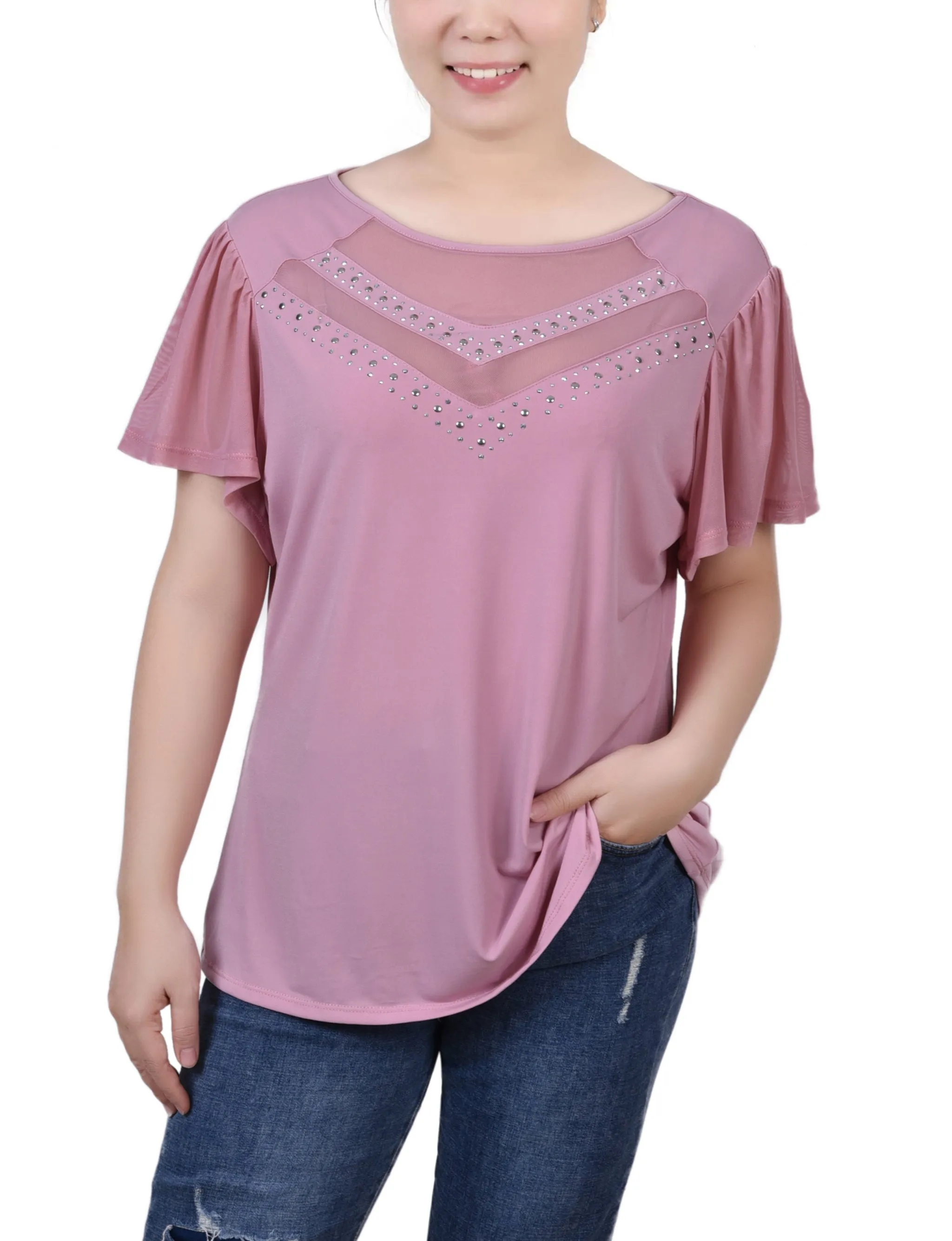 ButtonlessClosure Studded Short Flutter Sleeve Top With Mesh Details