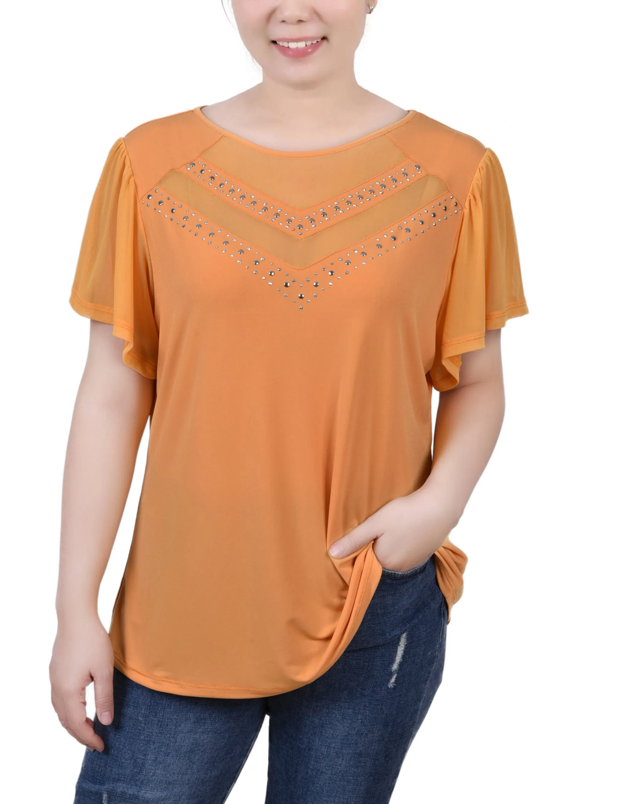 Studded Short Flutter Sleeve Top With Mesh Details LayeredCuff ReflectiveTrimDetails