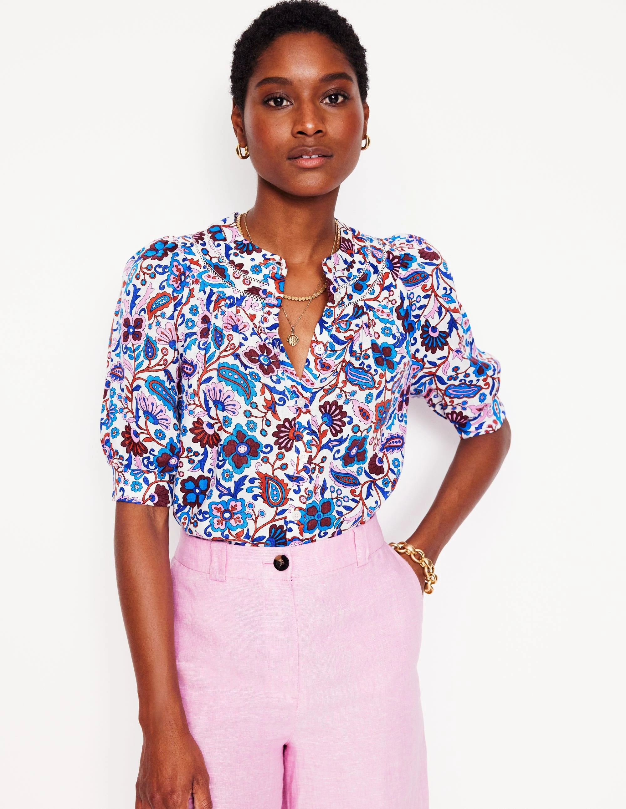 NonRestrictive EasyCare Material Bea Linen Top-Multi, Oriental Paradise