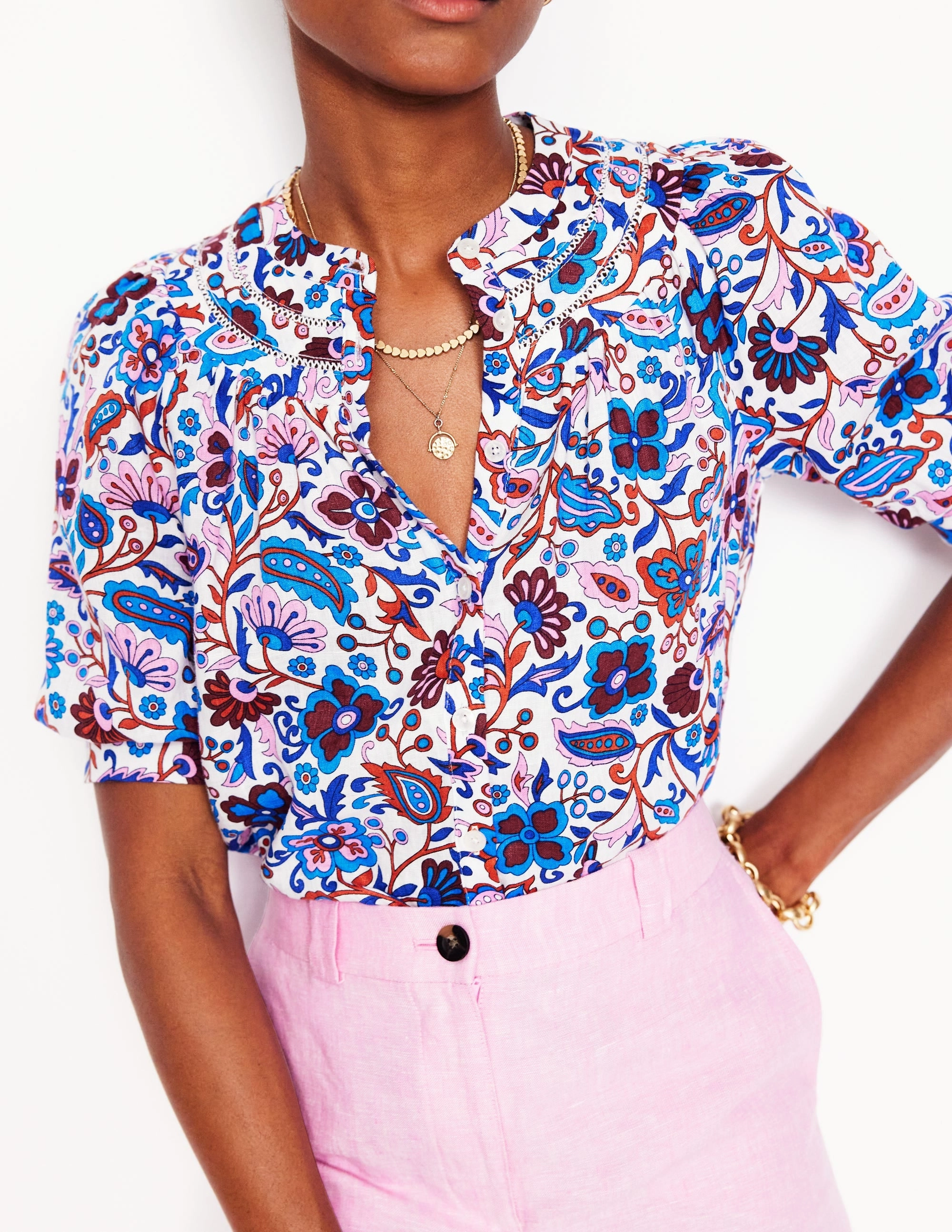 Bea Linen Top-Multi, Oriental Paradise Airflow Vents Textured Weave