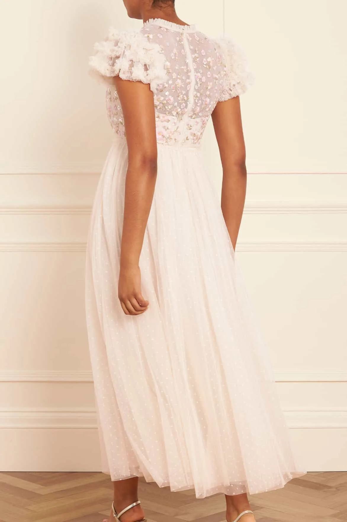 Dahlia Ditsy Bodice Round Neck Ankle Gown Subtle Elegance Flowy Texture